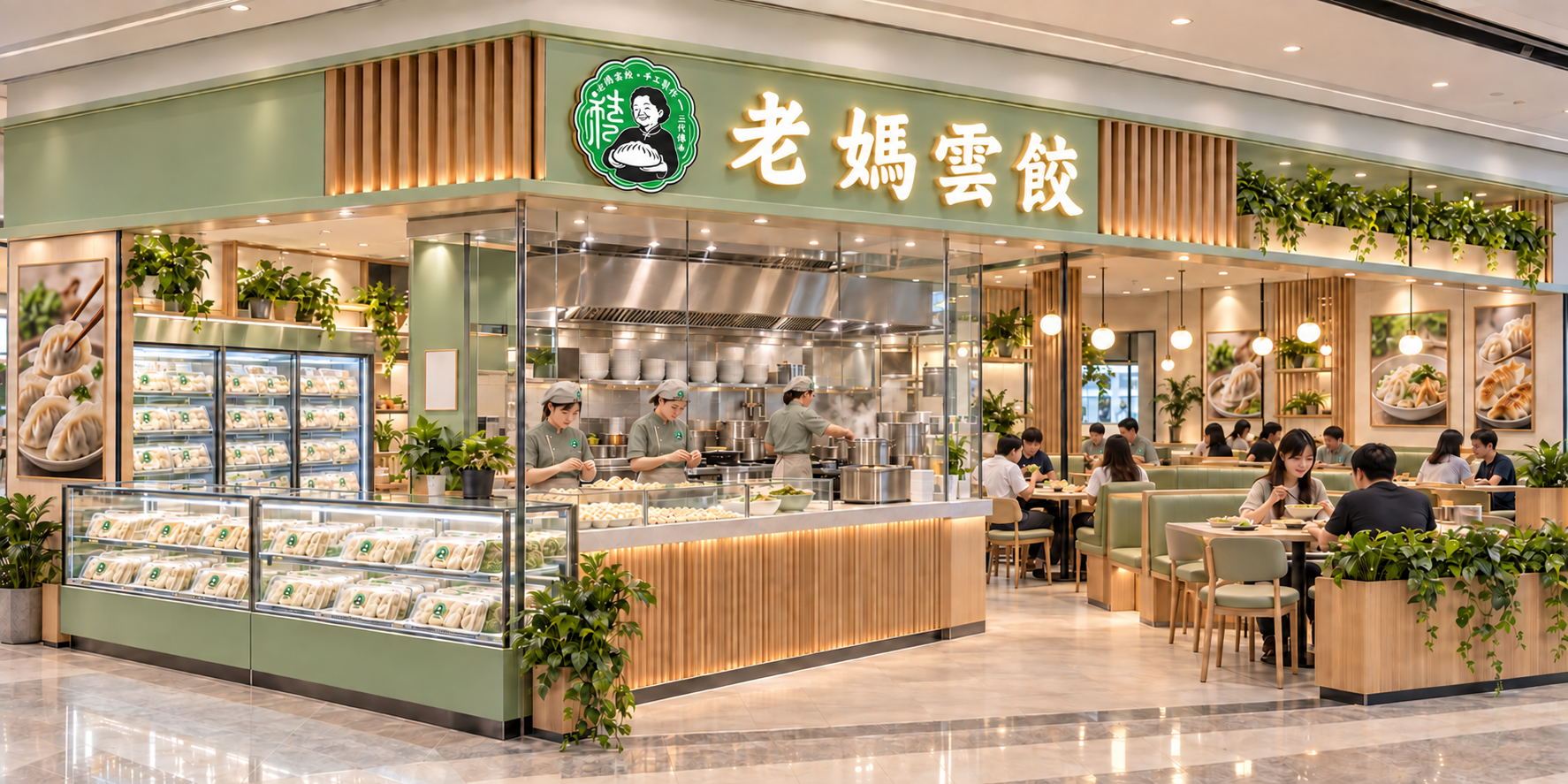 老妈云饺生熟一体店型,设有零售陈列与堂食座位