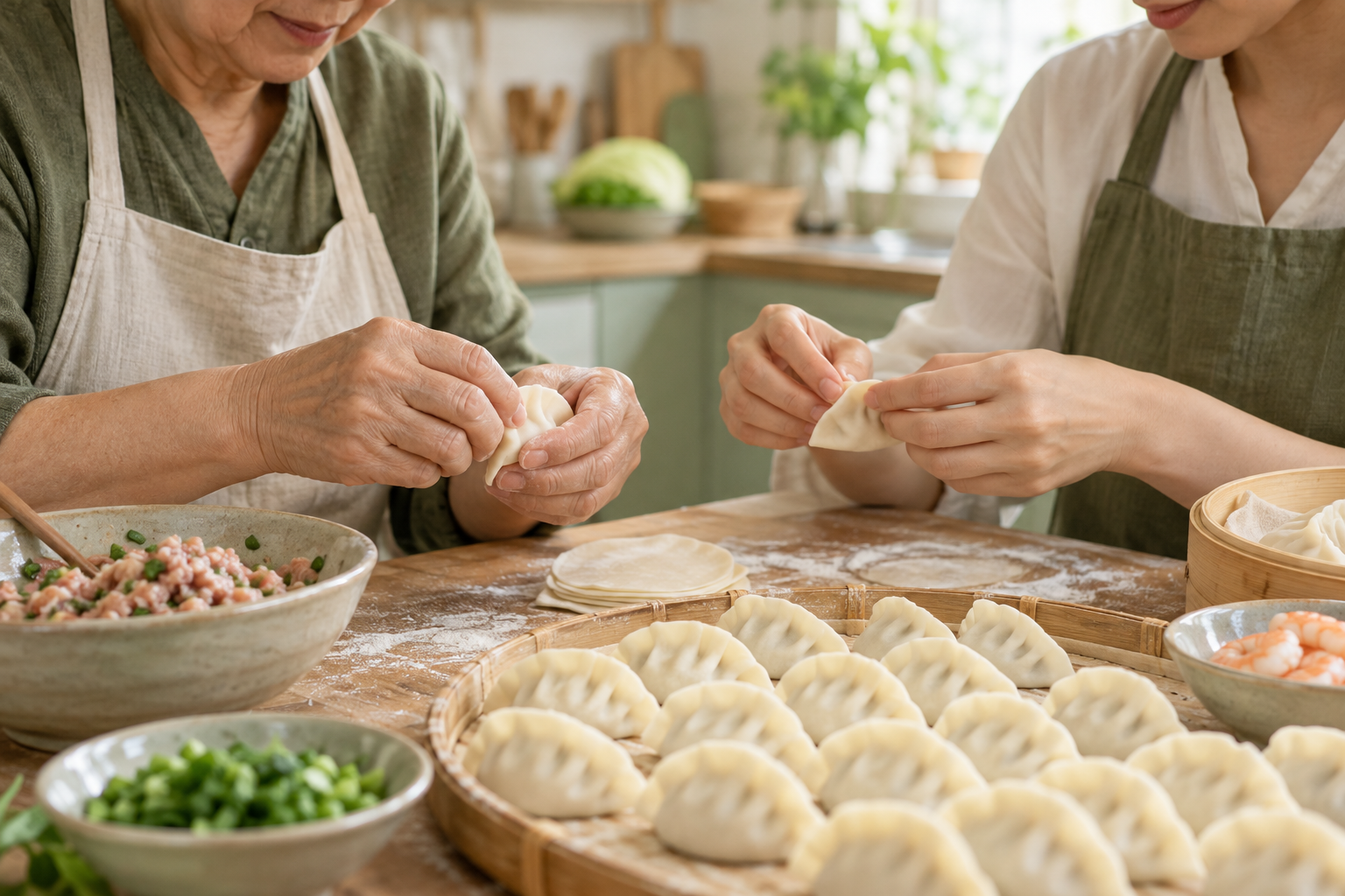 两代人手工包饺子